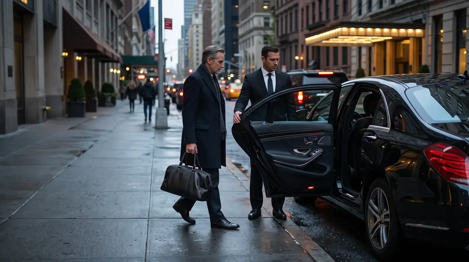 Chauffeur opening a black car door for a business traveler in New York